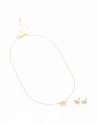 Gold Bow Diamante Necklace & Earrings Set
