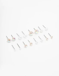 Rose Gold Round Pearl & Aurora Borealis Diamante Stud Earrings 8-Pack