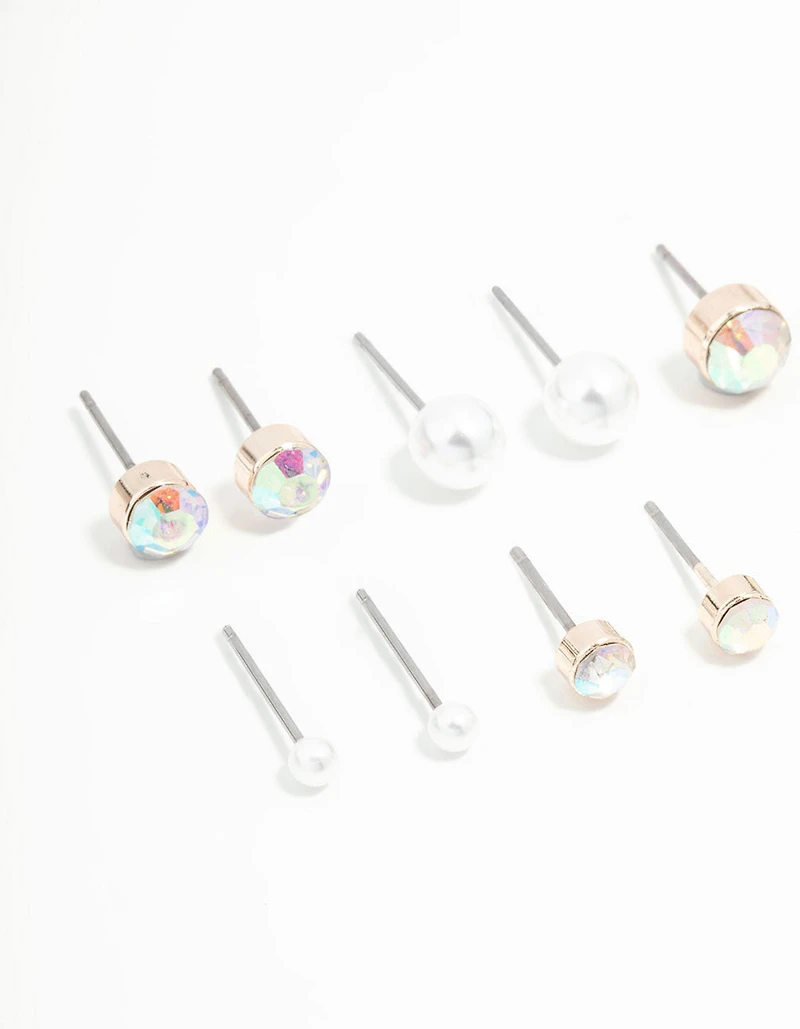 Rose Gold Round Pearl & Aurora Borealis Diamante Stud Earrings 8-Pack