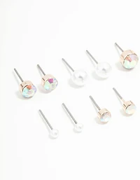 Rose Gold Round Pearl & Aurora Borealis Diamante Stud Earrings 8-Pack