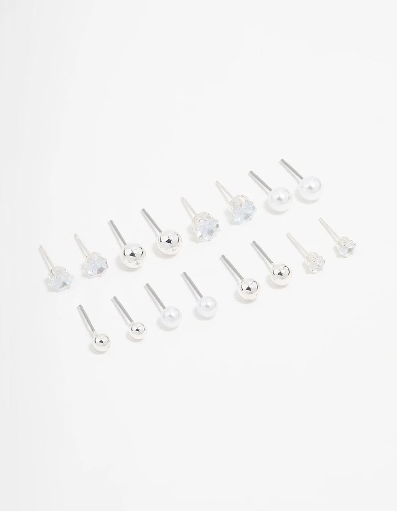 Silver Diamante & Pearl Stud Earrings 8-Pack