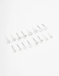 Silver Diamante & Pearl Stud Earrings 8-Pack