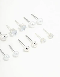 Silver Diamante & Pearl Stud Earrings 8-Pack