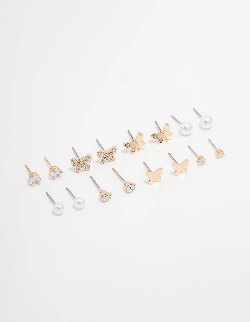 Gold Pearl, Diamante & Butterfly Stud Earrings 8-Pack