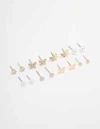 Gold Pearl, Diamante & Butterfly Stud Earrings 8-Pack