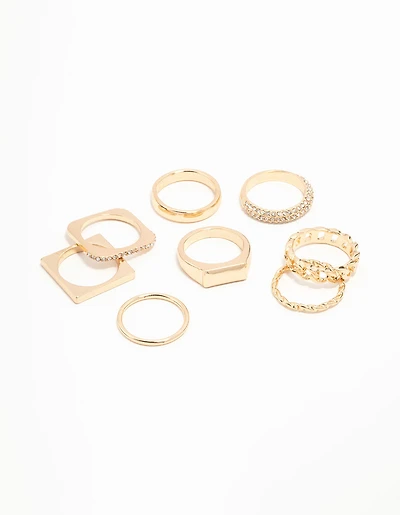 Gold Diamante Square Stacking Rings 8-Pack