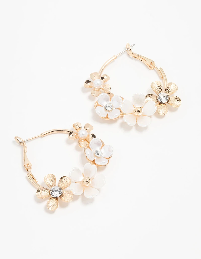 Gold Pearlised Flower Hoop Earrings