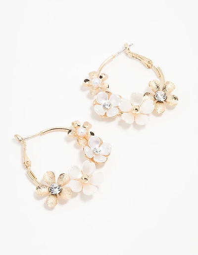Gold Pearlised Flower Hoop Earrings