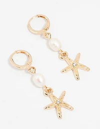 Gold Pearl Starfish Huggie Drop Earrings