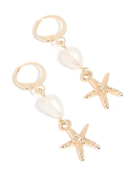 Gold Pearl Starfish Huggie Drop Earrings