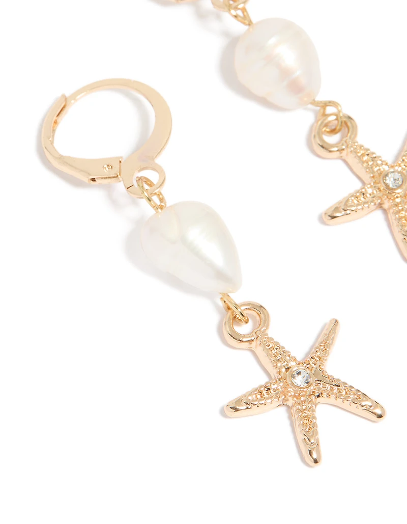 Gold Pearl Starfish Huggie Drop Earrings