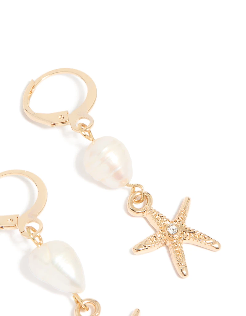 Gold Pearl Starfish Huggie Drop Earrings