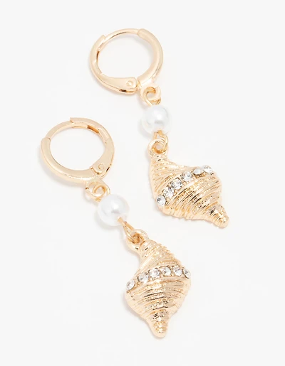 Gold Pearl & Shell Huggie Drop Earrings