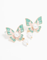 Gold Blue Butterfly Pearl Drop Earrings