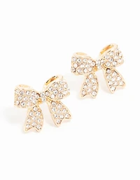 Gold Pave Set Diamante Bow Stud Earrings