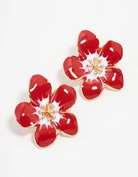 Gold Red Frangipani Stud Earrings