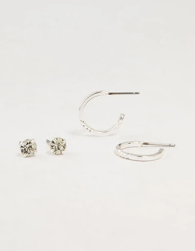 Silver Diamante Studs & Plain Hoop Earrings 2-Pack