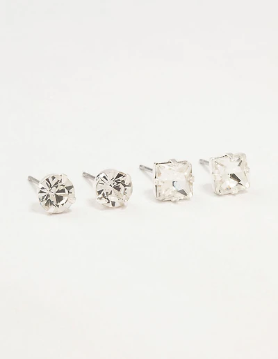 Silver Diamante Circle Square Stud Earrings 2-Pack