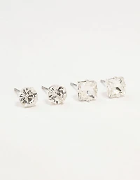 Silver Diamante Circle Square Stud Earrings 2-Pack