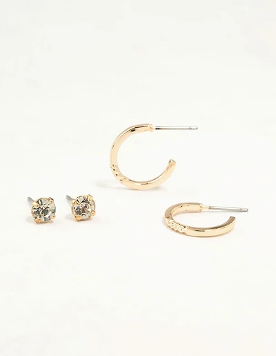 Gold Diamante Stud & Plain Hoop Earrings 2-Pack
