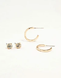 Gold Diamante Stud & Plain Hoop Earrings 2-Pack