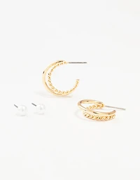 Gold Pearl Studs & Twisted Hoop Earrings 2-Pack