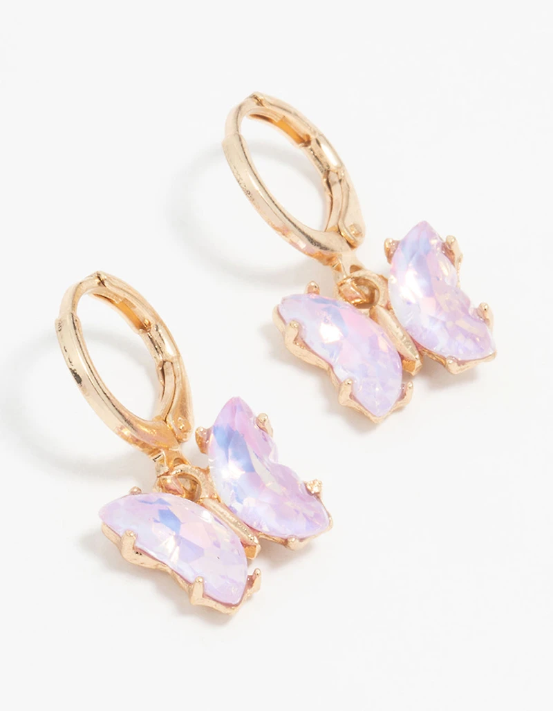 Gold Purple Diamante Butterfly Huggie Earrings