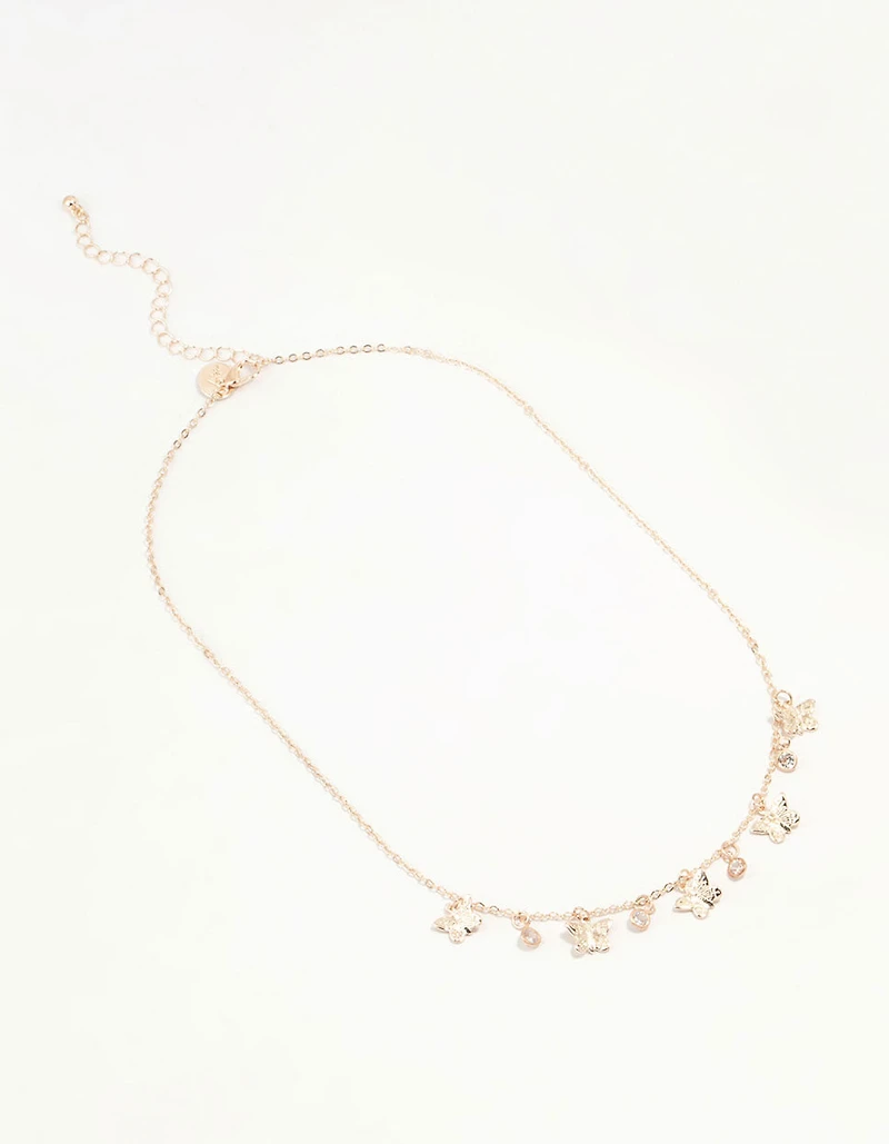 Gold Diamante Butterfly Drop Charm Necklace