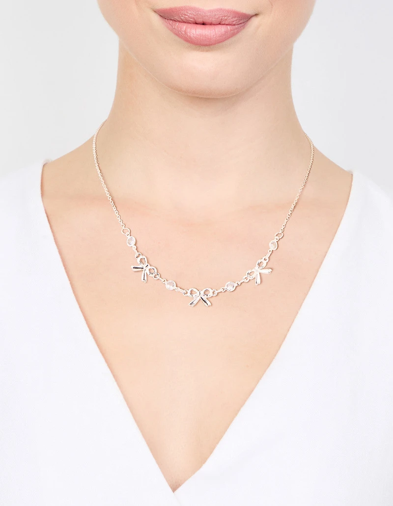 Silver Diamante Bow Station Necklace