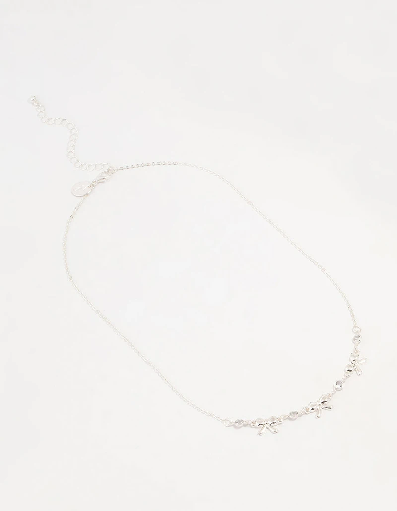 Silver Diamante Bow Station Necklace