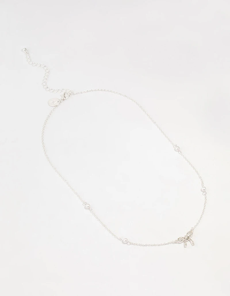 Silver Station Pearl Diamante Bow Necklace