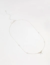 Silver Station Pearl Diamante Bow Necklace