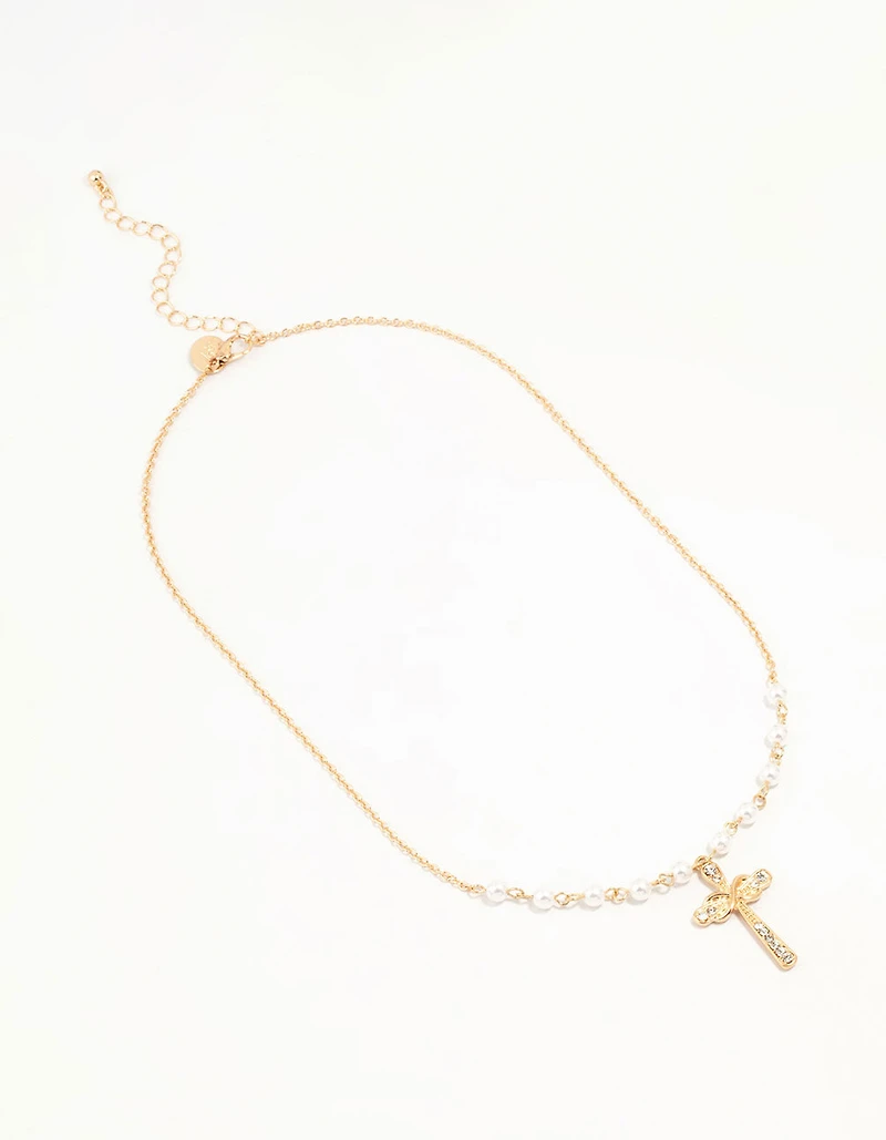 Gold Pearl Cross Diamante Pendant Necklace