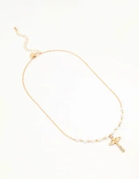 Gold Pearl Cross Diamante Pendant Necklace