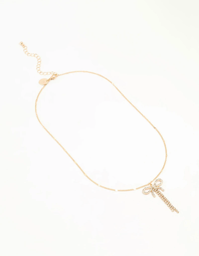 Gold Diamante Bow Drop Necklace