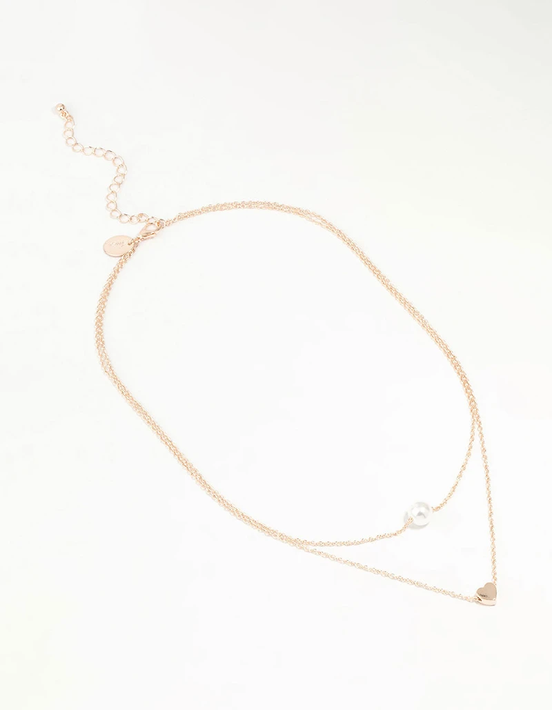 Rose Gold Pearl Heart Layered Necklace