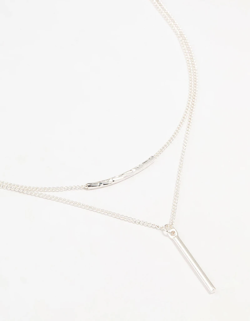 Silver Double Chain Bar Layered Necklace