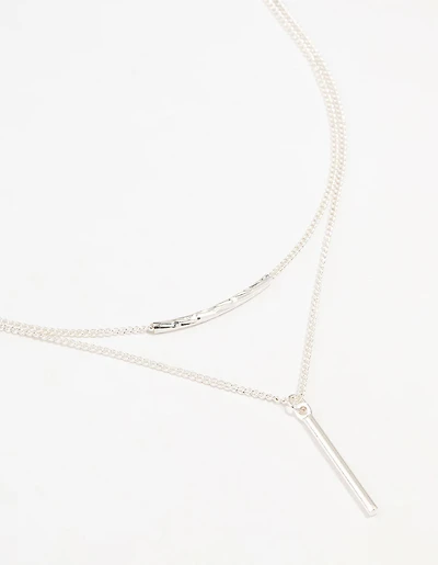 Silver Double Chain Bar Layered Necklace