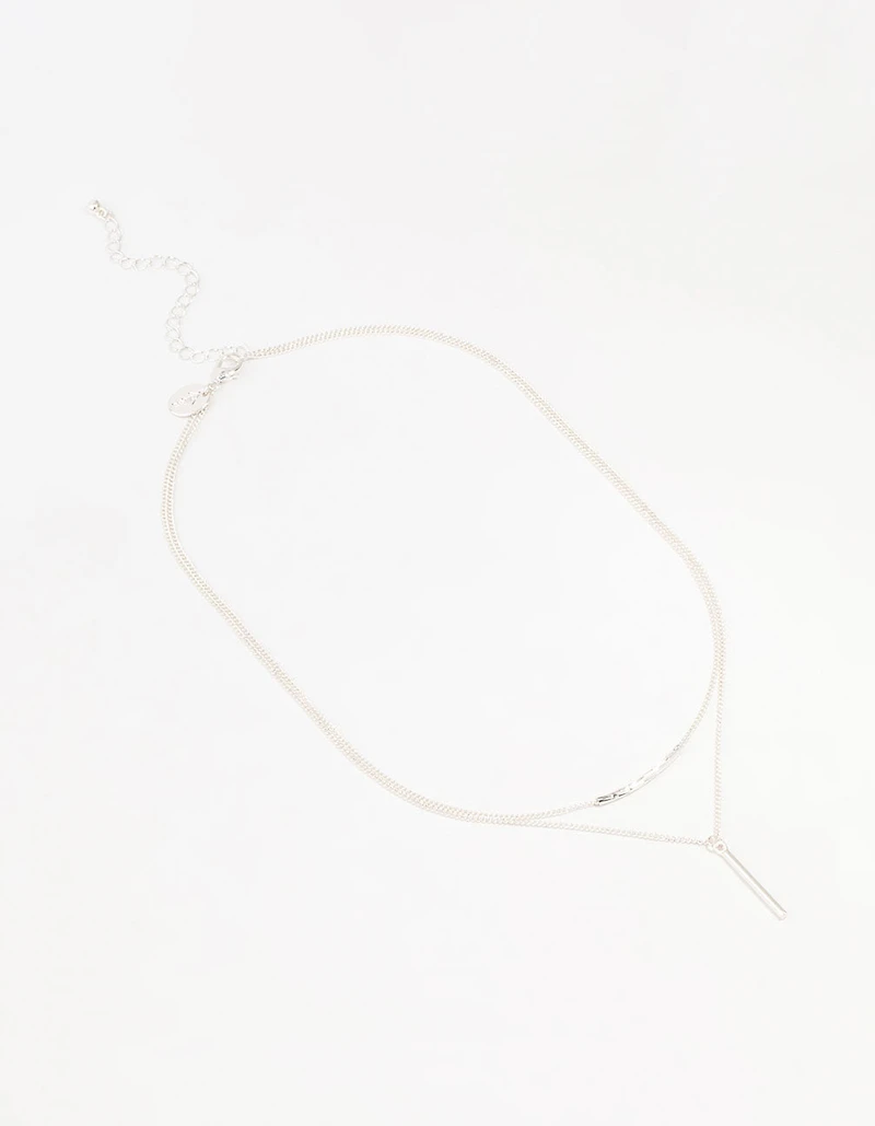 Silver Double Chain Bar Layered Necklace