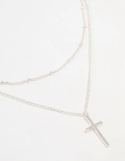 Silver Ball Chain Cross Layered Necklace