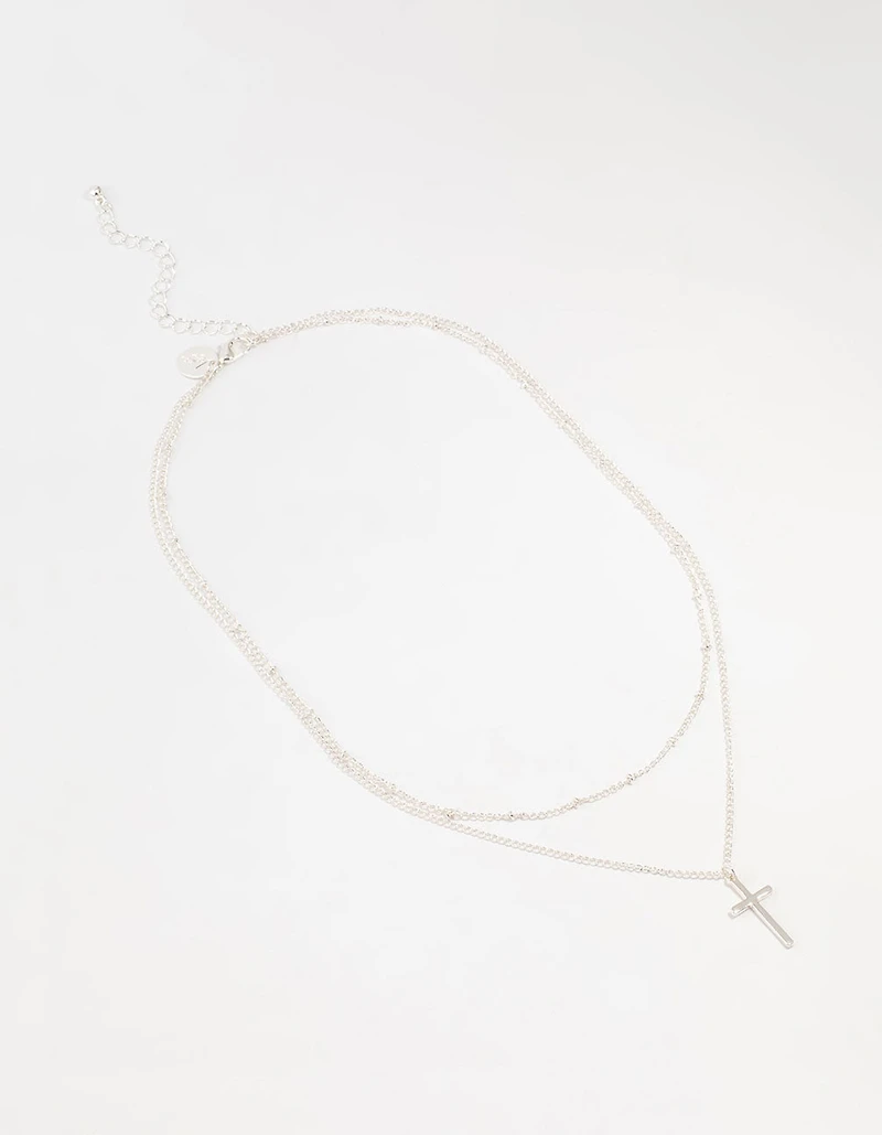 Silver Ball Chain Cross Layered Necklace