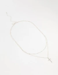 Silver Ball Chain Cross Layered Necklace
