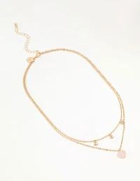 Gold Diamante Pink Heart Layered Necklace