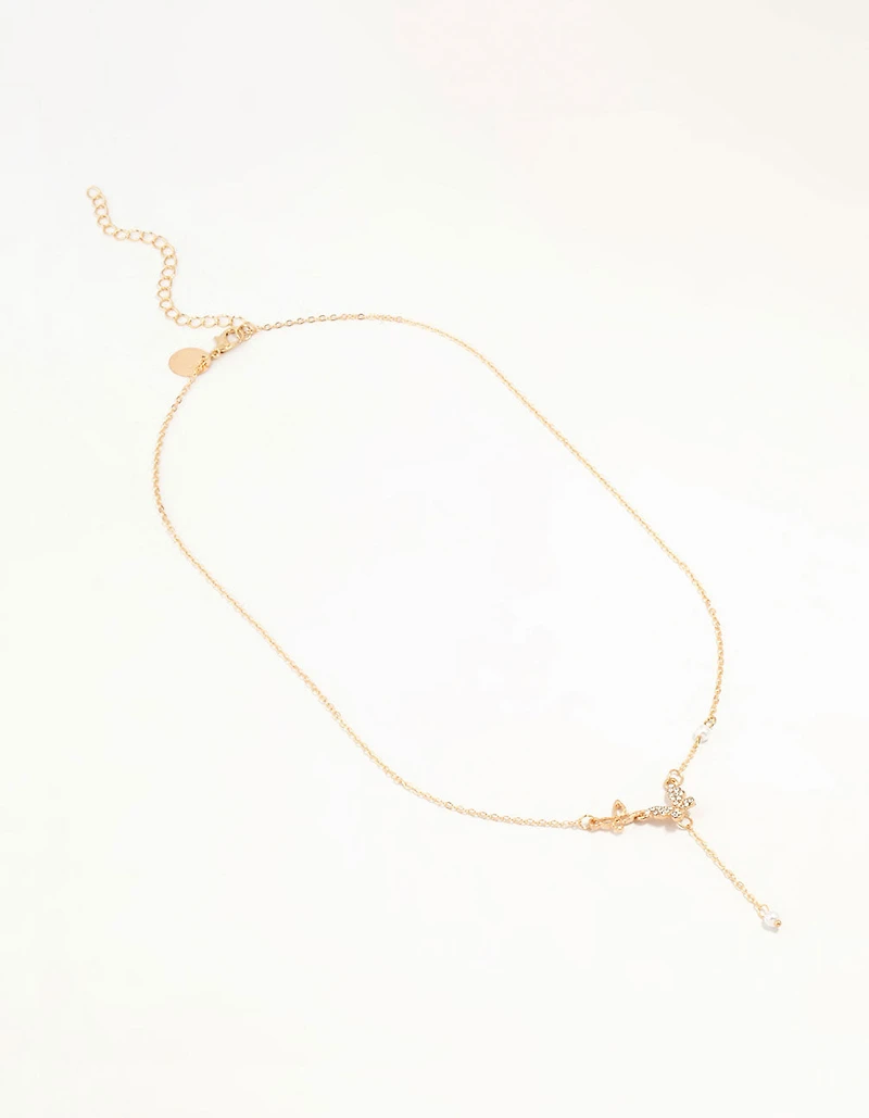 Gold Diamante Pearl Butterfly Y-Necklace