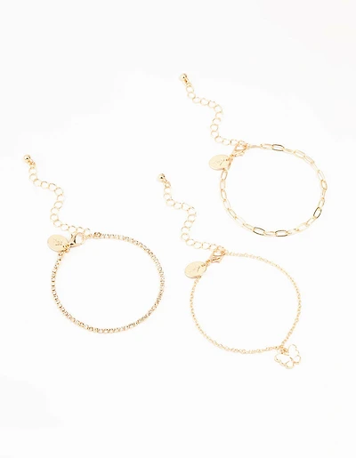 Gold Chain Diamante Butterfly Bracelets 3-Pack