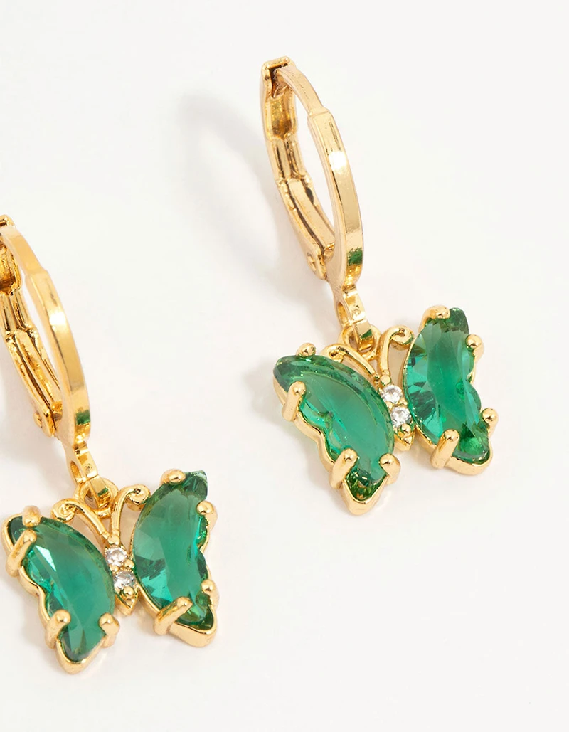 Gold Plated Green Cubic Zirconia Butterfly Earrings 3-Pack
