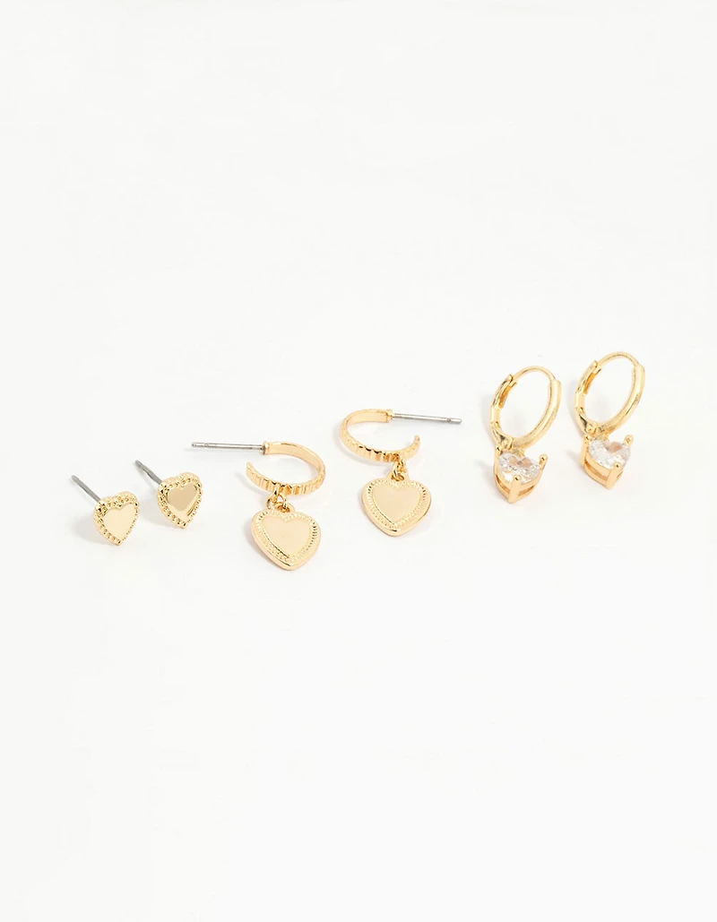 Gold Plated Cubic Zirconia Heart Earrings 3-Pack