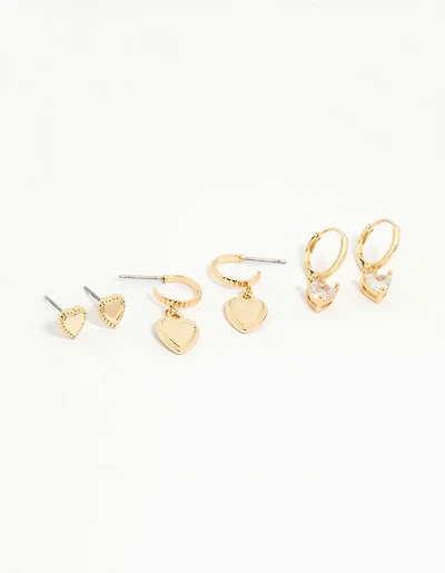 Gold Plated Cubic Zirconia Heart Earrings 3-Pack