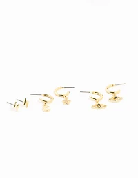 Gold Plated Cubic Zirconia Evil Eye & Moon Earrings 3-Pack