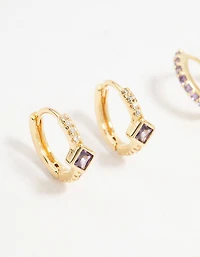 Gold Plated Lilac Cubic Zirconia Cross Huggie Earrings 2-Pack